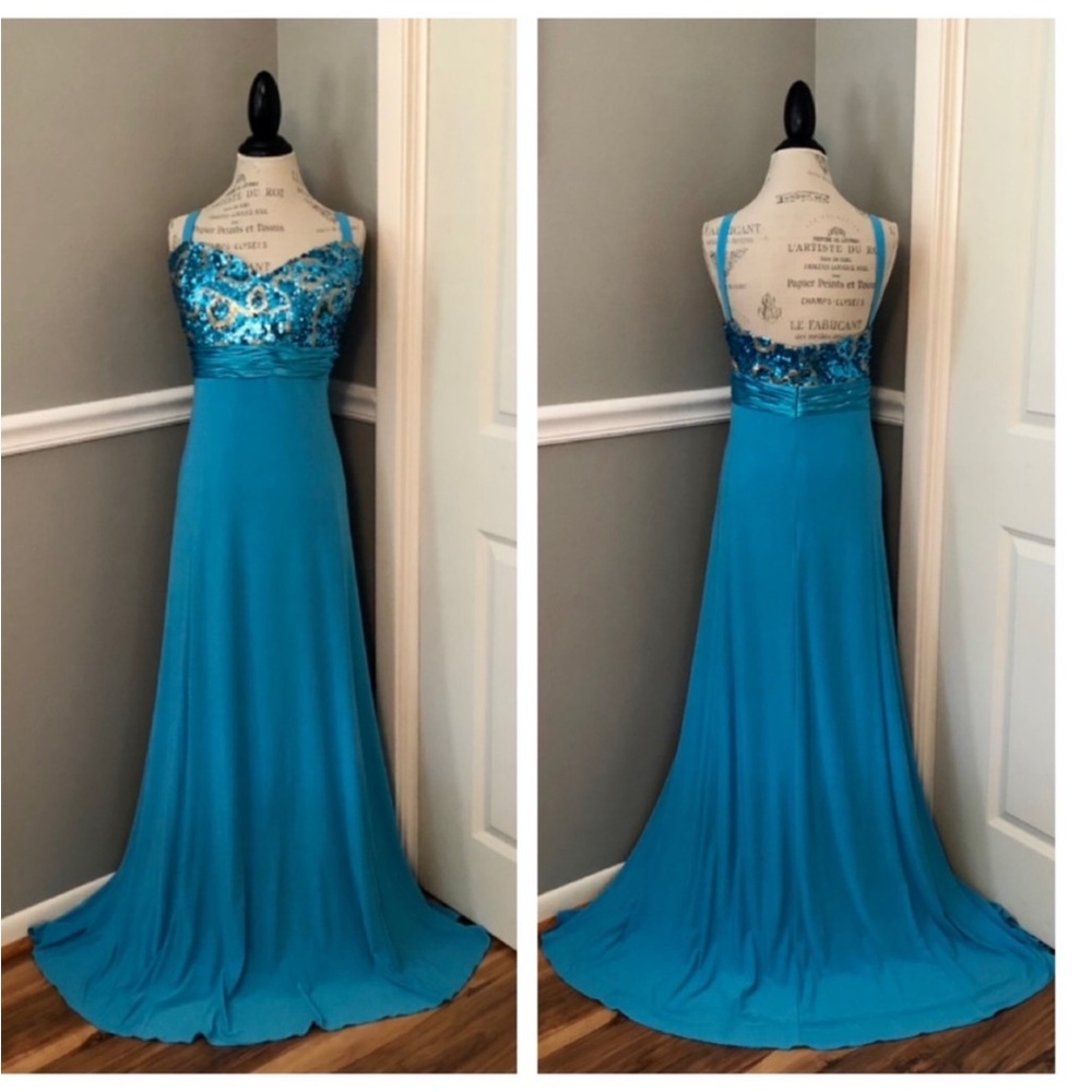 NEW FAVIANA SZ 20W BLUE SEQUIN SATIN JERSEY STRETCH FORMAL EVENING GOWN